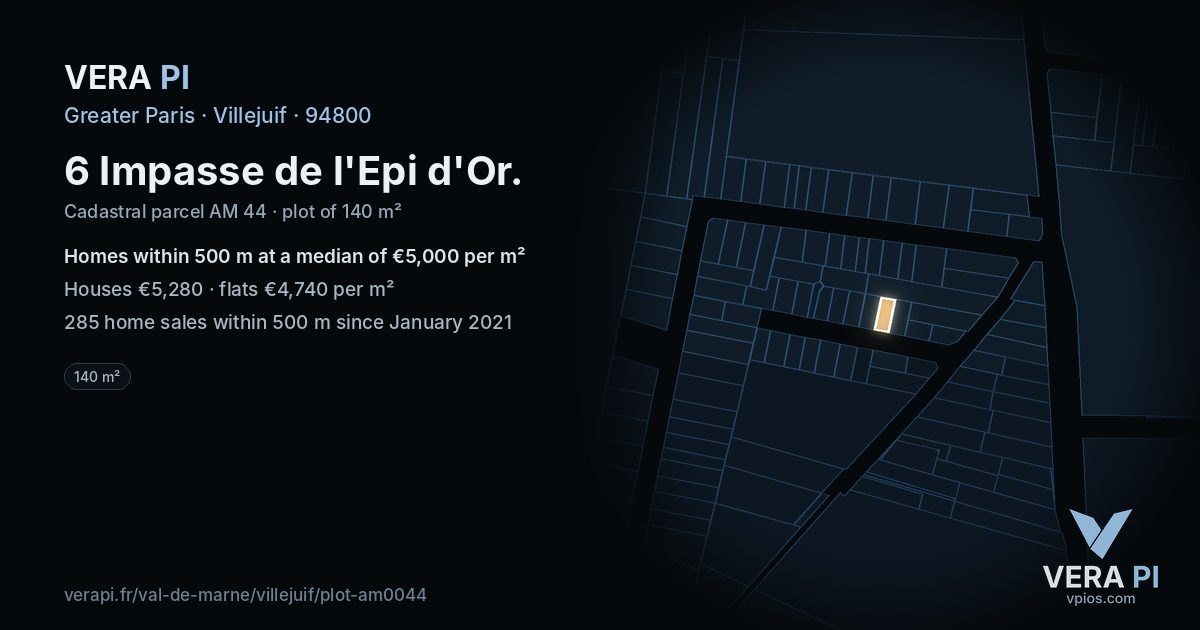 6 Impasse de l'Epi d'Or, Villejuif at night – the plot lit, the parcels around coloured by the prices near them