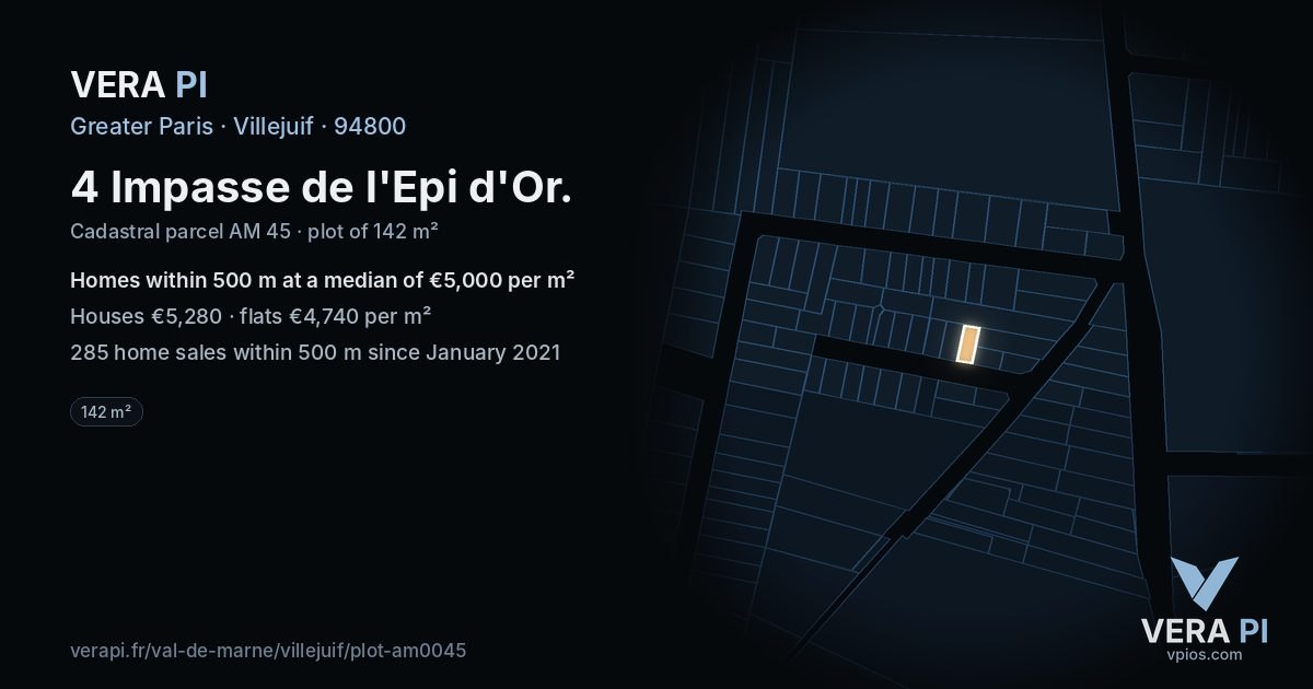 4 Impasse de l'Epi d'Or, Villejuif at night – the plot lit, the parcels around coloured by the prices near them