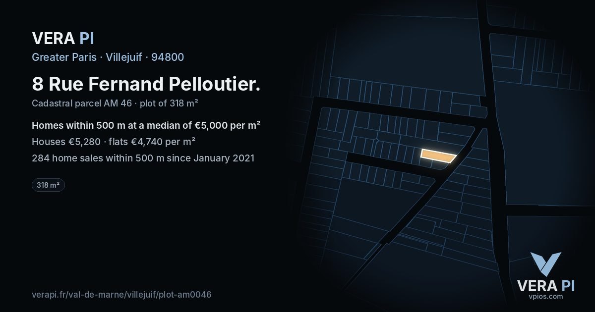 8 Rue Fernand Pelloutier, Villejuif at night – the plot lit, the parcels around coloured by the prices near them