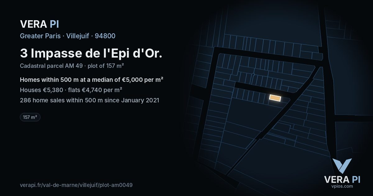 3 Impasse de l'Epi d'Or, Villejuif at night – the plot lit, the parcels around coloured by the prices near them