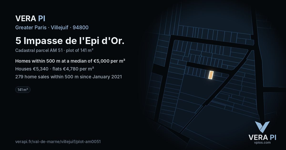 5 Impasse de l'Epi d'Or, Villejuif at night – the plot lit, the parcels around coloured by the prices near them