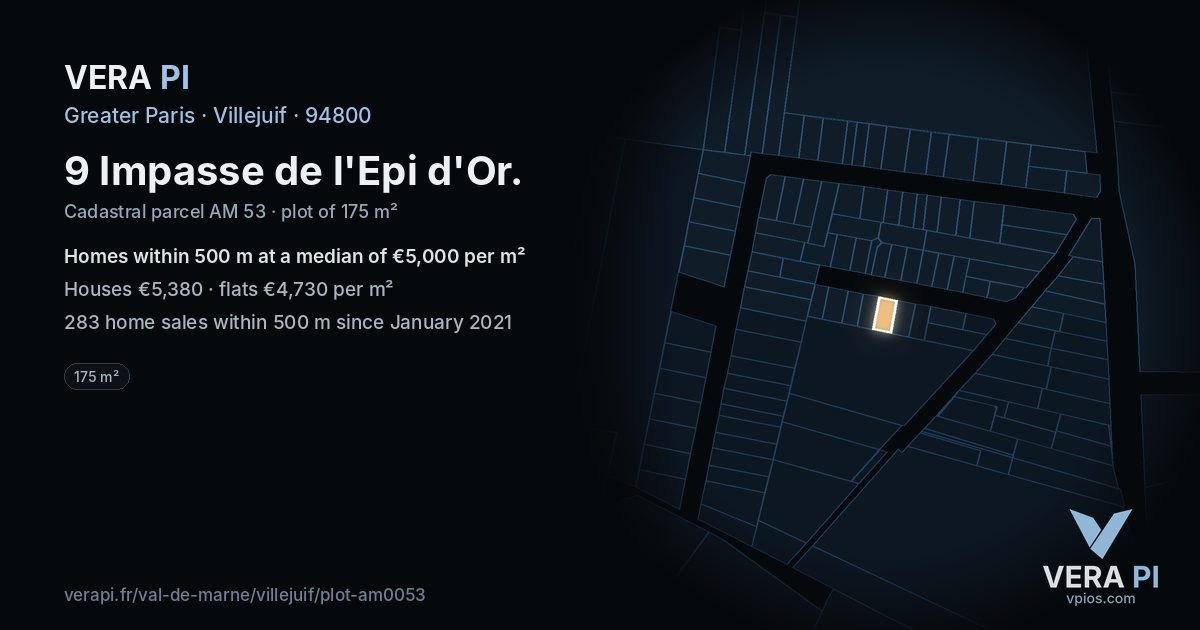 9 Impasse de l'Epi d'Or, Villejuif at night – the plot lit, the parcels around coloured by the prices near them