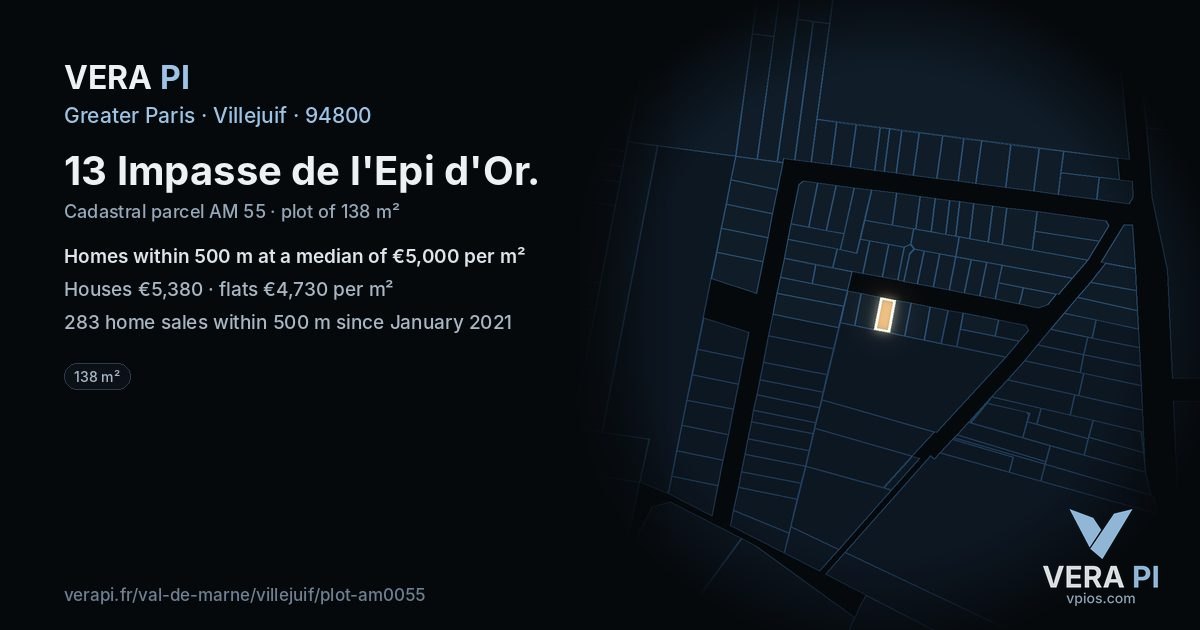 13 Impasse de l'Epi d'Or, Villejuif at night – the plot lit, the parcels around coloured by the prices near them