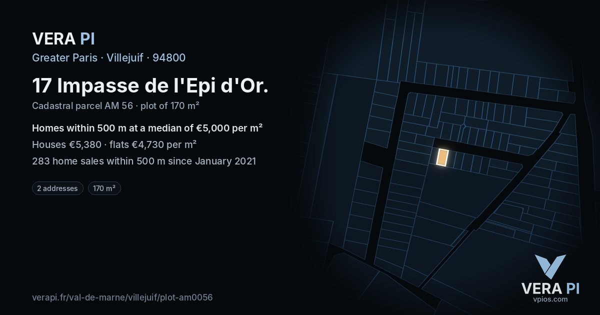 17 Impasse de l'Epi d'Or, Villejuif at night – the plot lit, the parcels around coloured by the prices near them