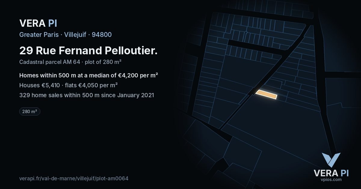 29 Rue Fernand Pelloutier, Villejuif at night – the plot lit, the parcels around coloured by the prices near them
