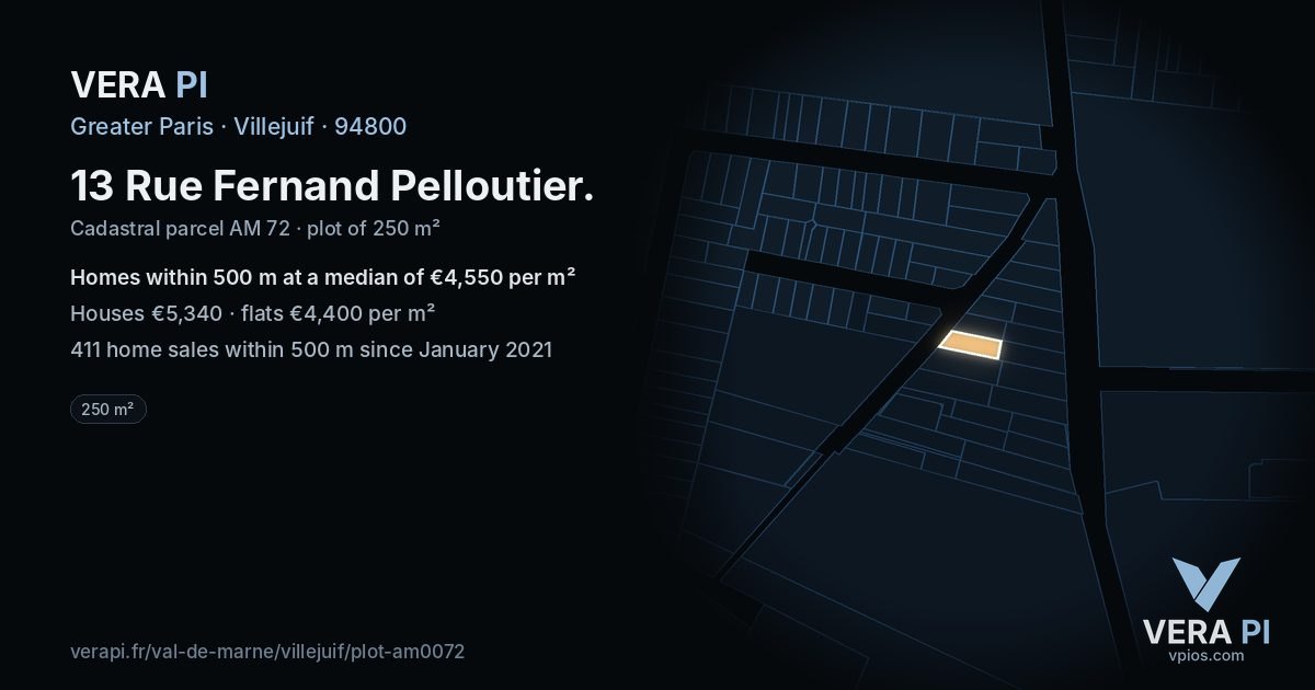 13 Rue Fernand Pelloutier, Villejuif at night – the plot lit, the parcels around coloured by the prices near them