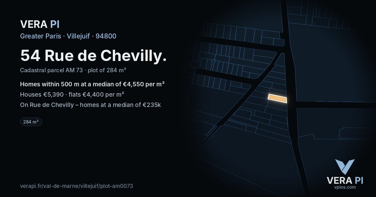 54 Rue de Chevilly, Villejuif at night – the plot lit, the parcels around coloured by the prices near them