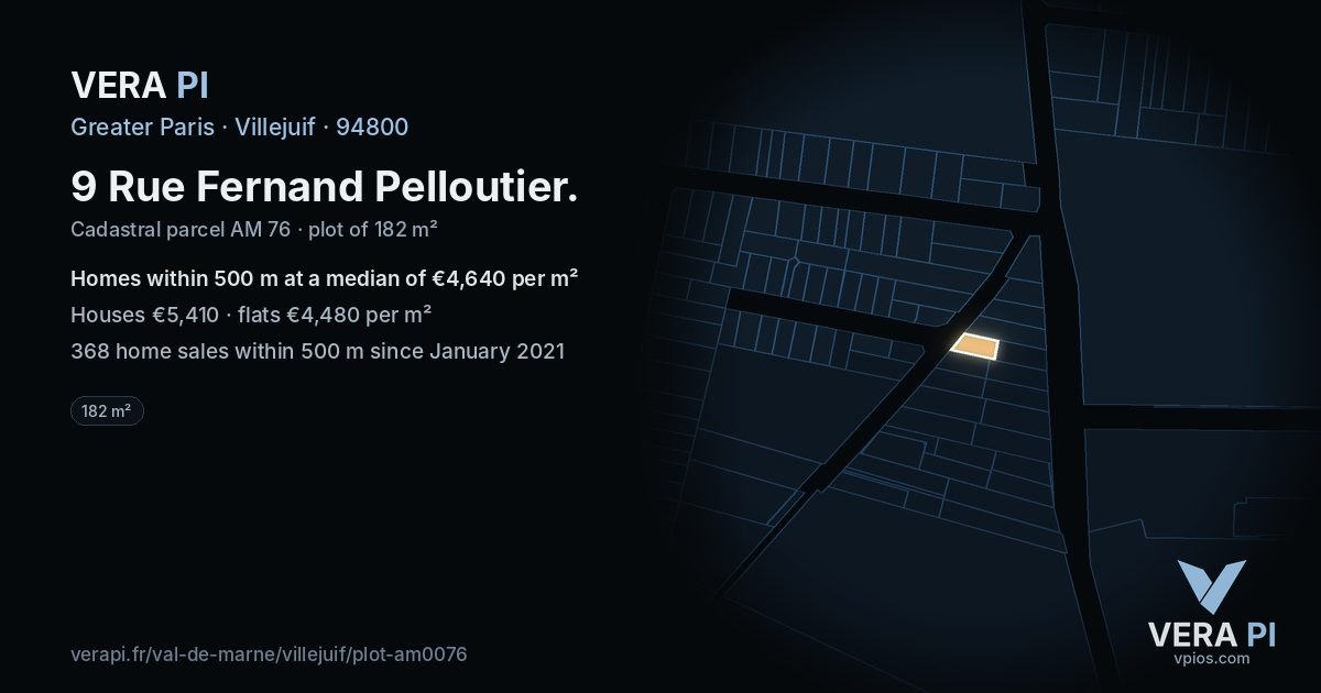 9 Rue Fernand Pelloutier, Villejuif at night – the plot lit, the parcels around coloured by the prices near them