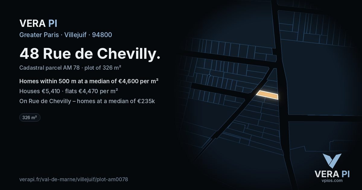 48 Rue de Chevilly, Villejuif at night – the plot lit, the parcels around coloured by the prices near them