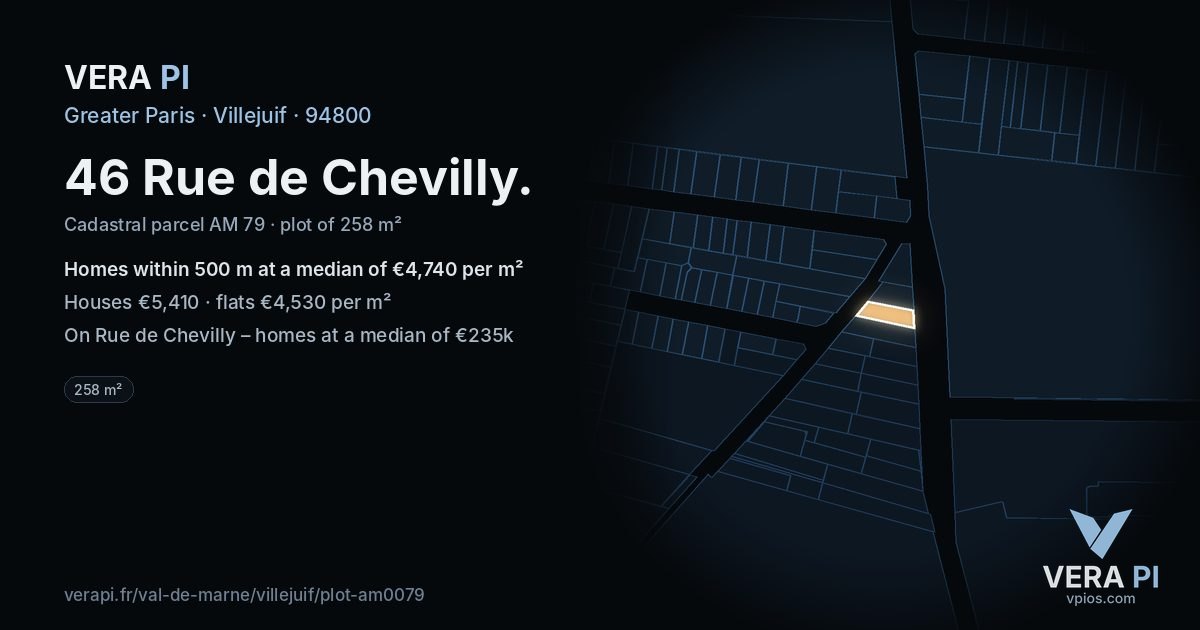 46 Rue de Chevilly, Villejuif at night – the plot lit, the parcels around coloured by the prices near them