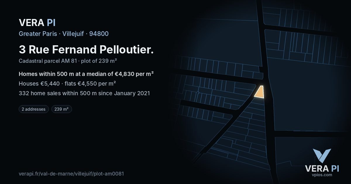3 Rue Fernand Pelloutier, Villejuif at night – the plot lit, the parcels around coloured by the prices near them