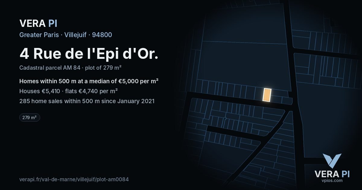 4 Rue de l'Epi d'Or, Villejuif at night – the plot lit, the parcels around coloured by the prices near them