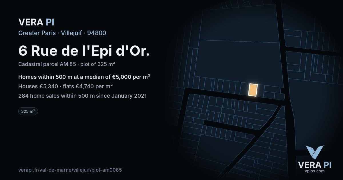 6 Rue de l'Epi d'Or, Villejuif at night – the plot lit, the parcels around coloured by the prices near them