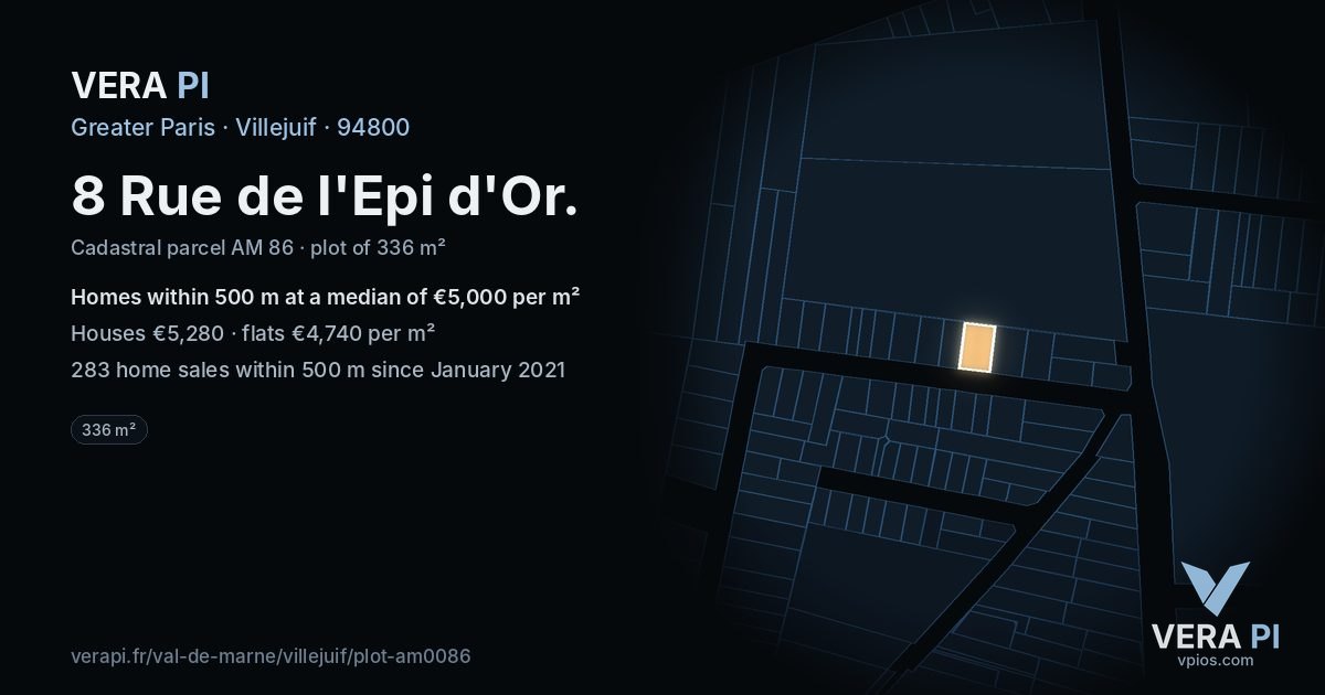 8 Rue de l'Epi d'Or, Villejuif at night – the plot lit, the parcels around coloured by the prices near them