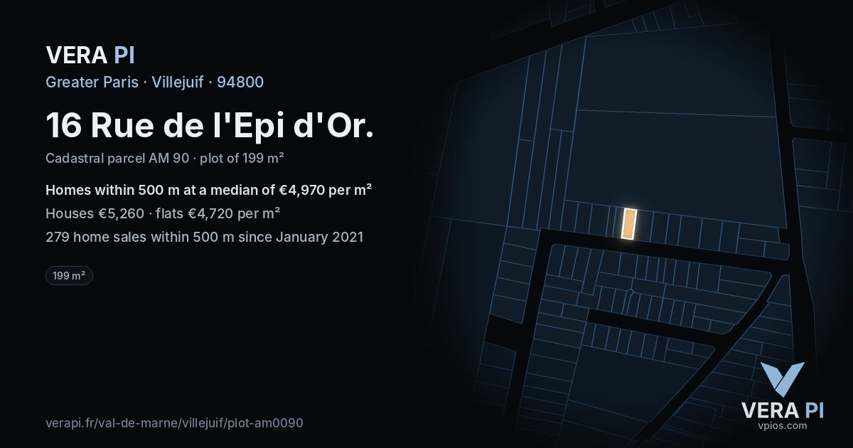 16 Rue de l'Epi d'Or, Villejuif at night – the plot lit, the parcels around coloured by the prices near them