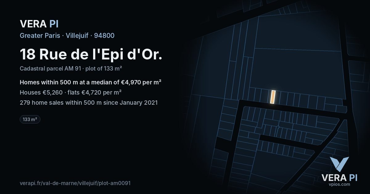 18 Rue de l'Epi d'Or, Villejuif at night – the plot lit, the parcels around coloured by the prices near them