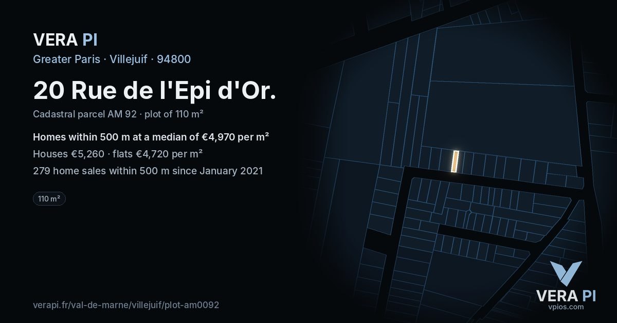 20 Rue de l'Epi d'Or, Villejuif at night – the plot lit, the parcels around coloured by the prices near them