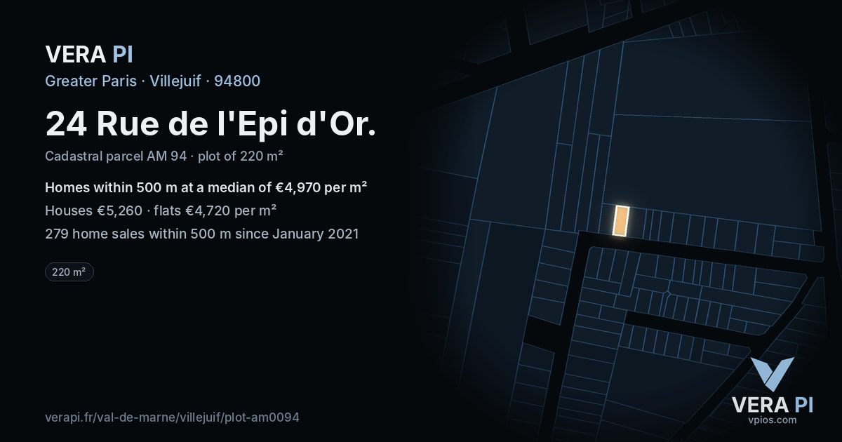 24 Rue de l'Epi d'Or, Villejuif at night – the plot lit, the parcels around coloured by the prices near them