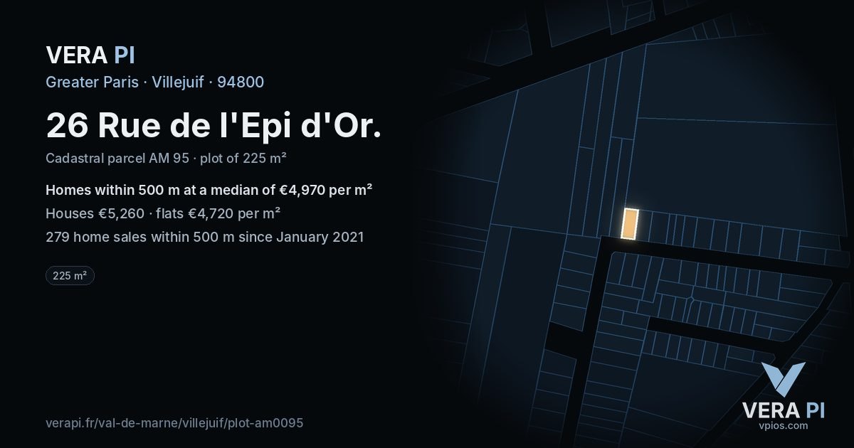 26 Rue de l'Epi d'Or, Villejuif at night – the plot lit, the parcels around coloured by the prices near them