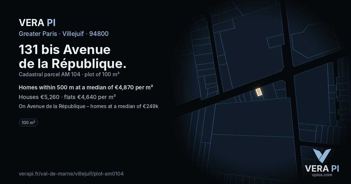 131 bis Avenue de la République, Villejuif at night – the plot lit, the parcels around coloured by the prices near them