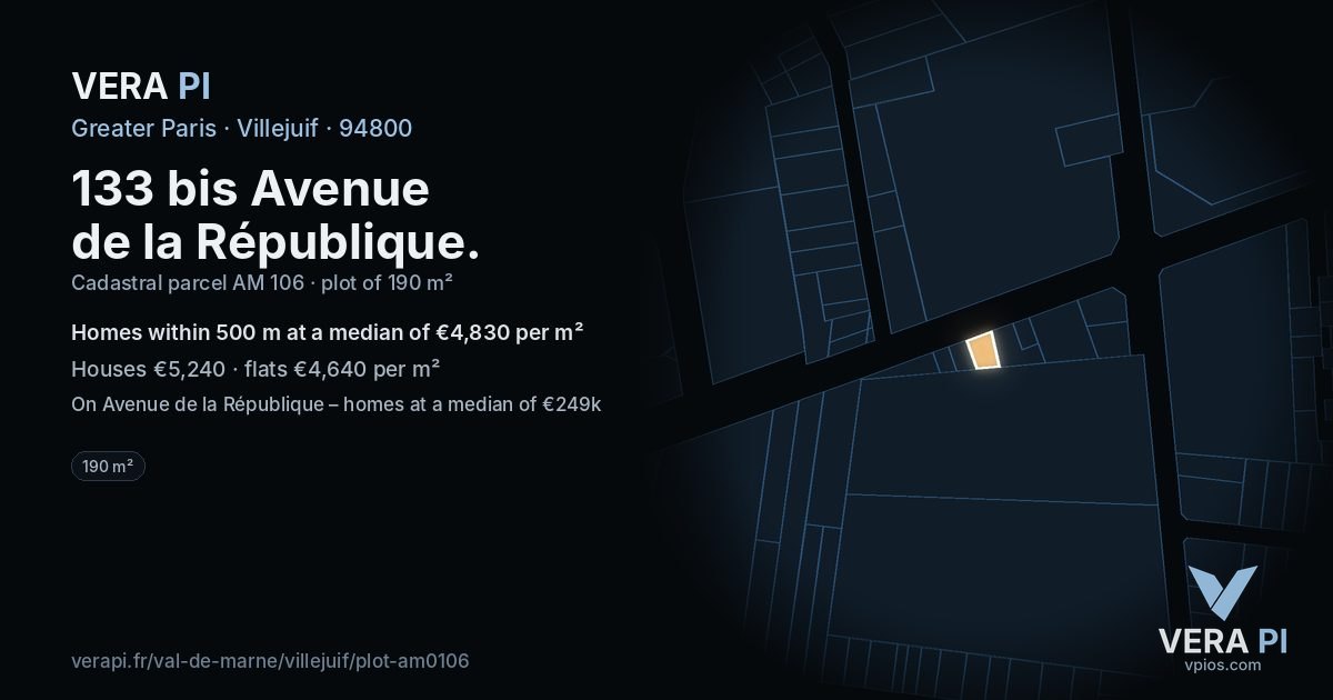 133 bis Avenue de la République, Villejuif at night – the plot lit, the parcels around coloured by the prices near them