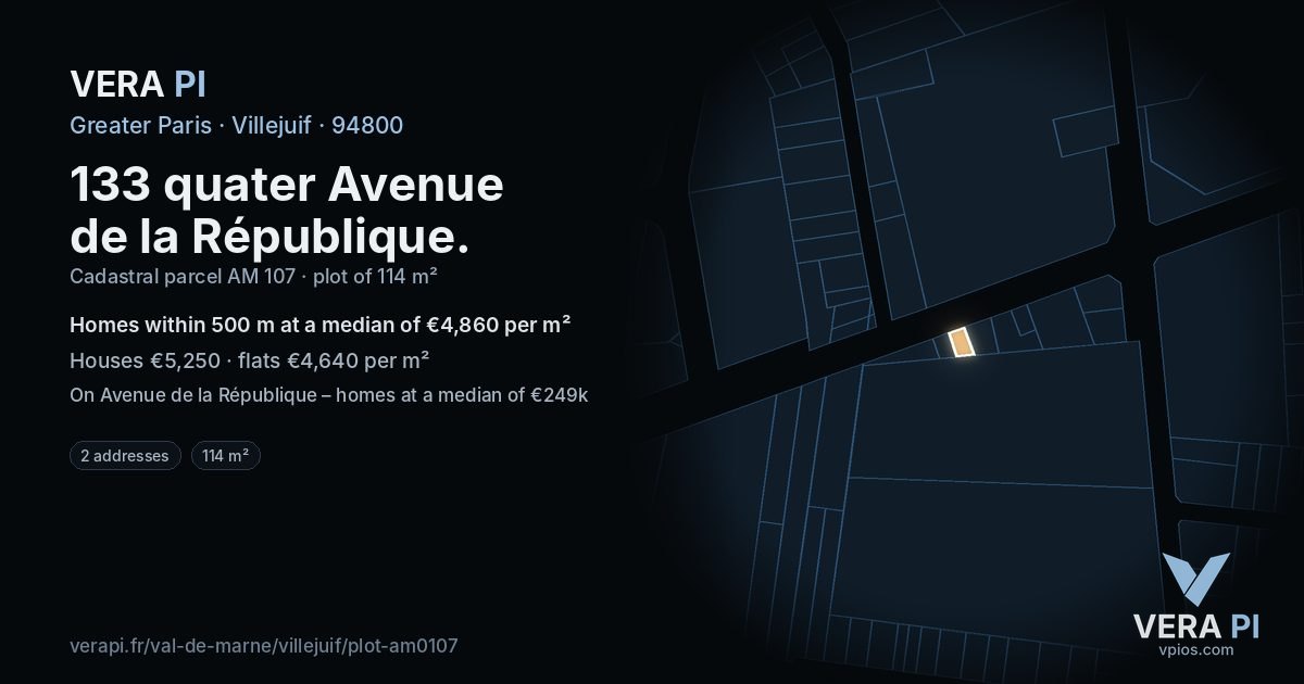 133 quater Avenue de la République, Villejuif at night – the plot lit, the parcels around coloured by the prices near them