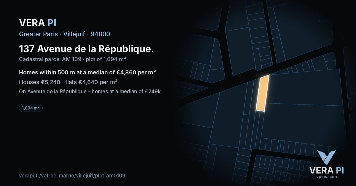 137 Avenue de la République, Villejuif at night – the plot lit, the parcels around coloured by the prices near them
