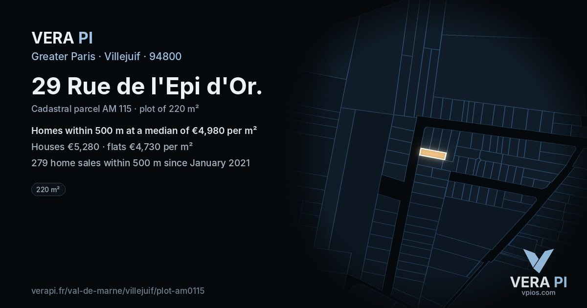 29 Rue de l'Epi d'Or, Villejuif at night – the plot lit, the parcels around coloured by the prices near them