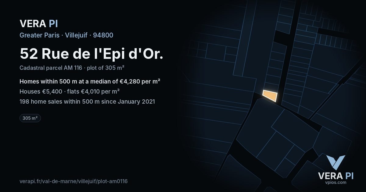 52 Rue de l'Epi d'Or, Villejuif at night – the plot lit, the parcels around coloured by the prices near them