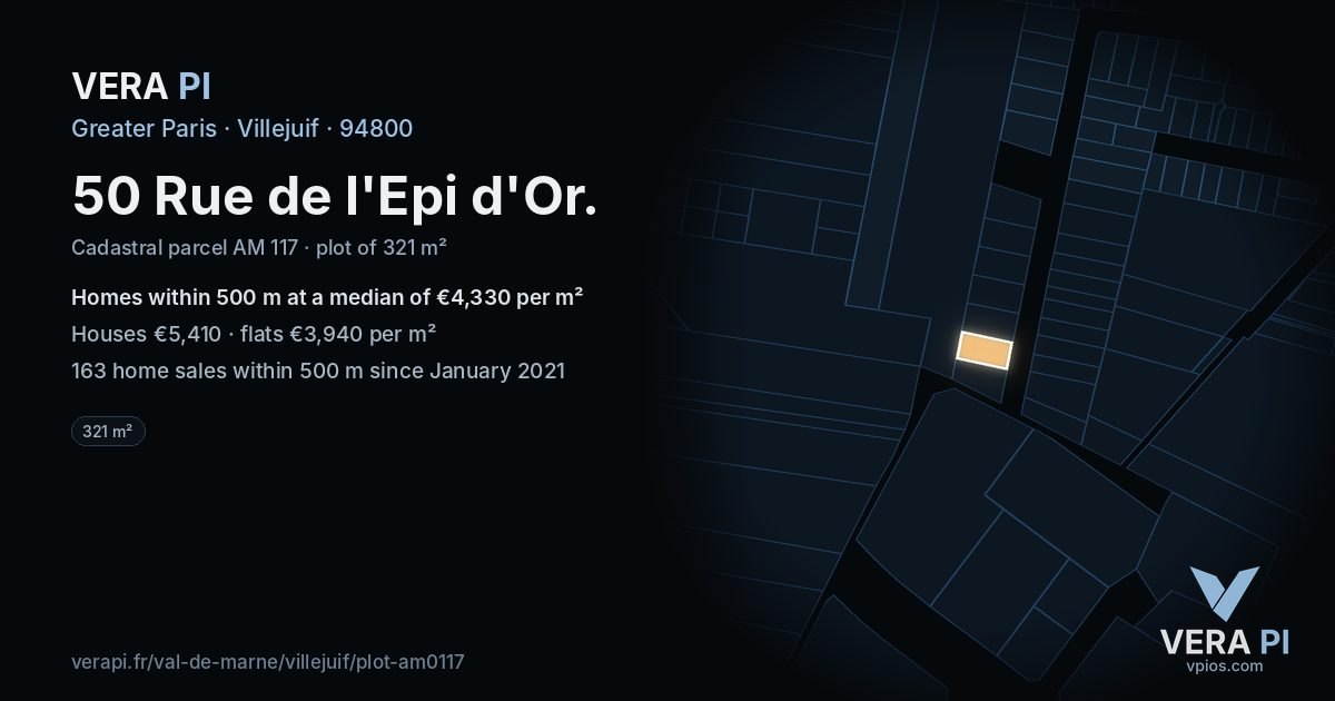 50 Rue de l'Epi d'Or, Villejuif at night – the plot lit, the parcels around coloured by the prices near them