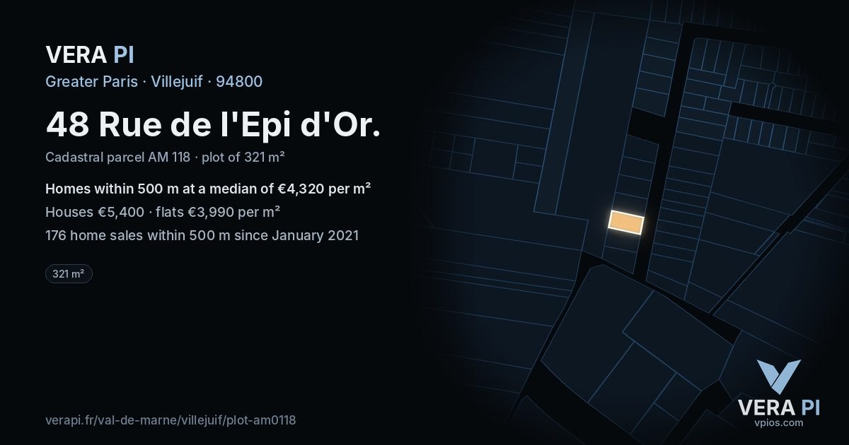 48 Rue de l'Epi d'Or, Villejuif at night – the plot lit, the parcels around coloured by the prices near them