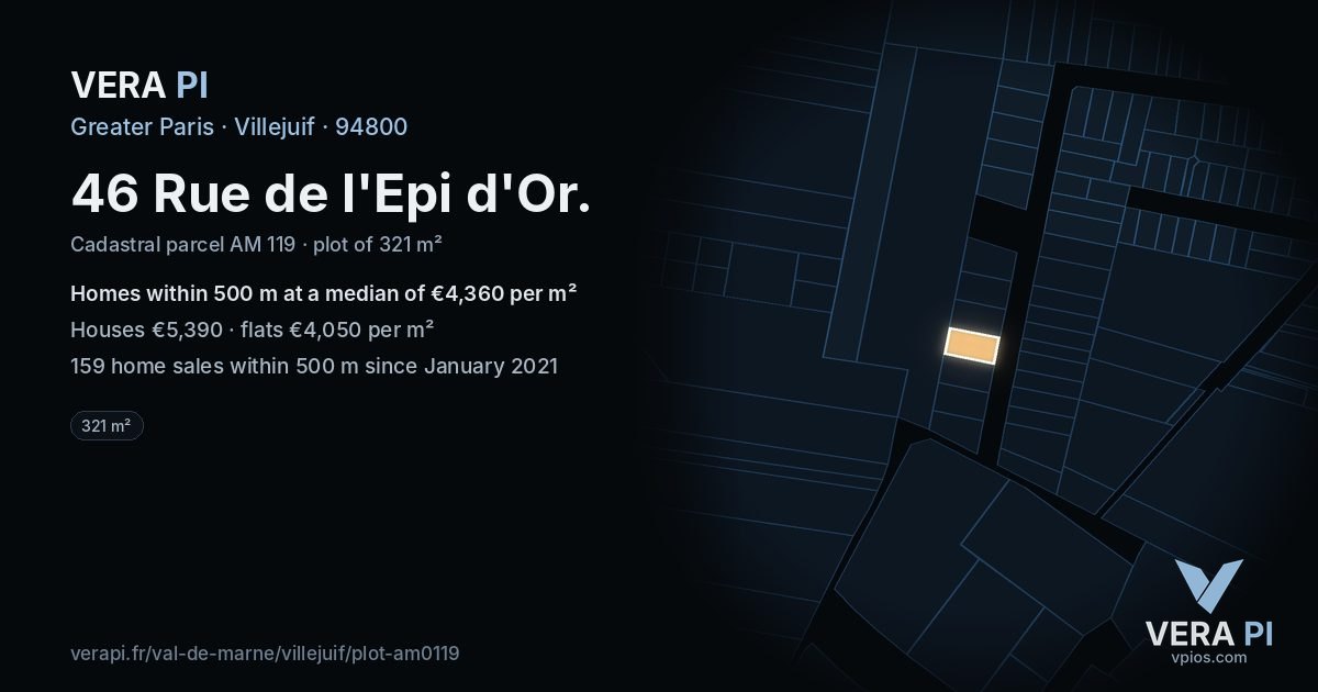 46 Rue de l'Epi d'Or, Villejuif at night – the plot lit, the parcels around coloured by the prices near them