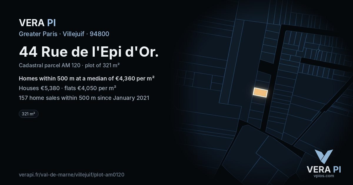 44 Rue de l'Epi d'Or, Villejuif at night – the plot lit, the parcels around coloured by the prices near them