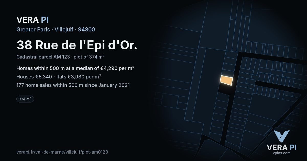 38 Rue de l'Epi d'Or, Villejuif at night – the plot lit, the parcels around coloured by the prices near them