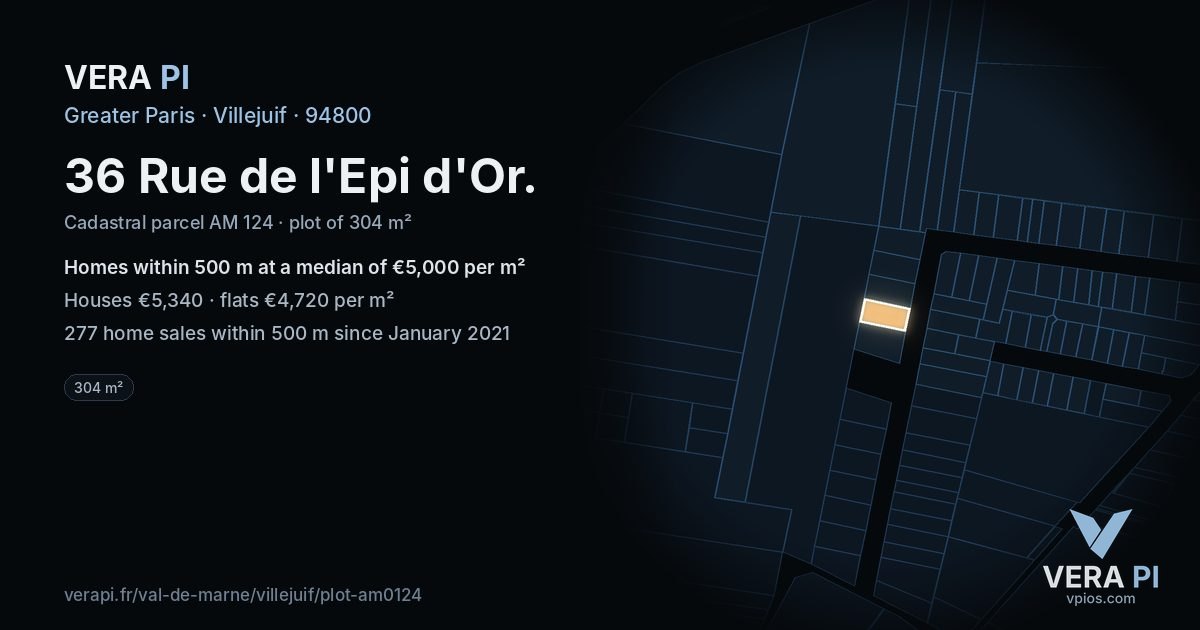 36 Rue de l'Epi d'Or, Villejuif at night – the plot lit, the parcels around coloured by the prices near them