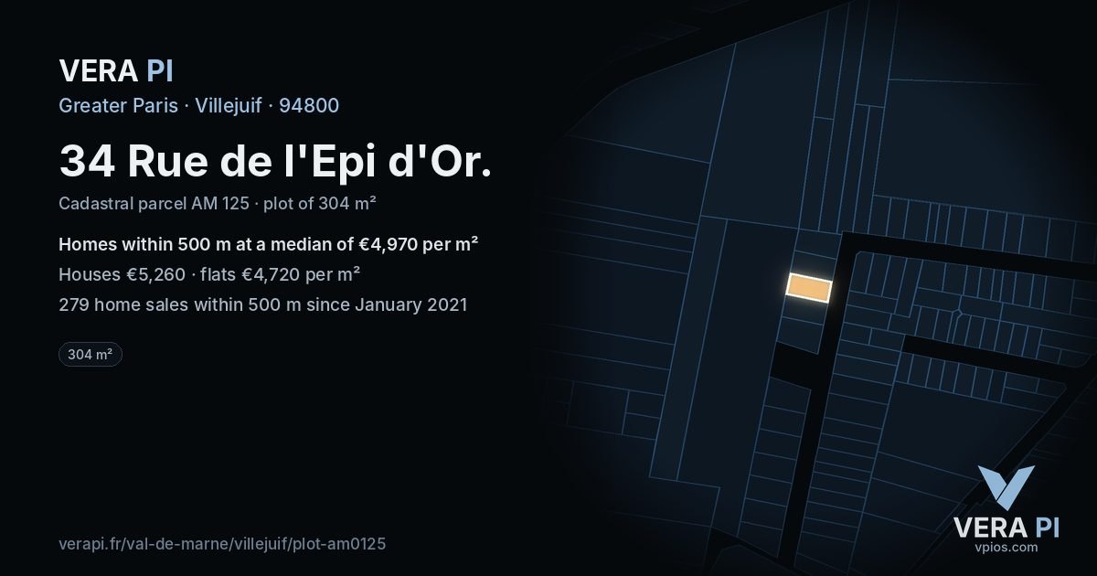 34 Rue de l'Epi d'Or, Villejuif at night – the plot lit, the parcels around coloured by the prices near them