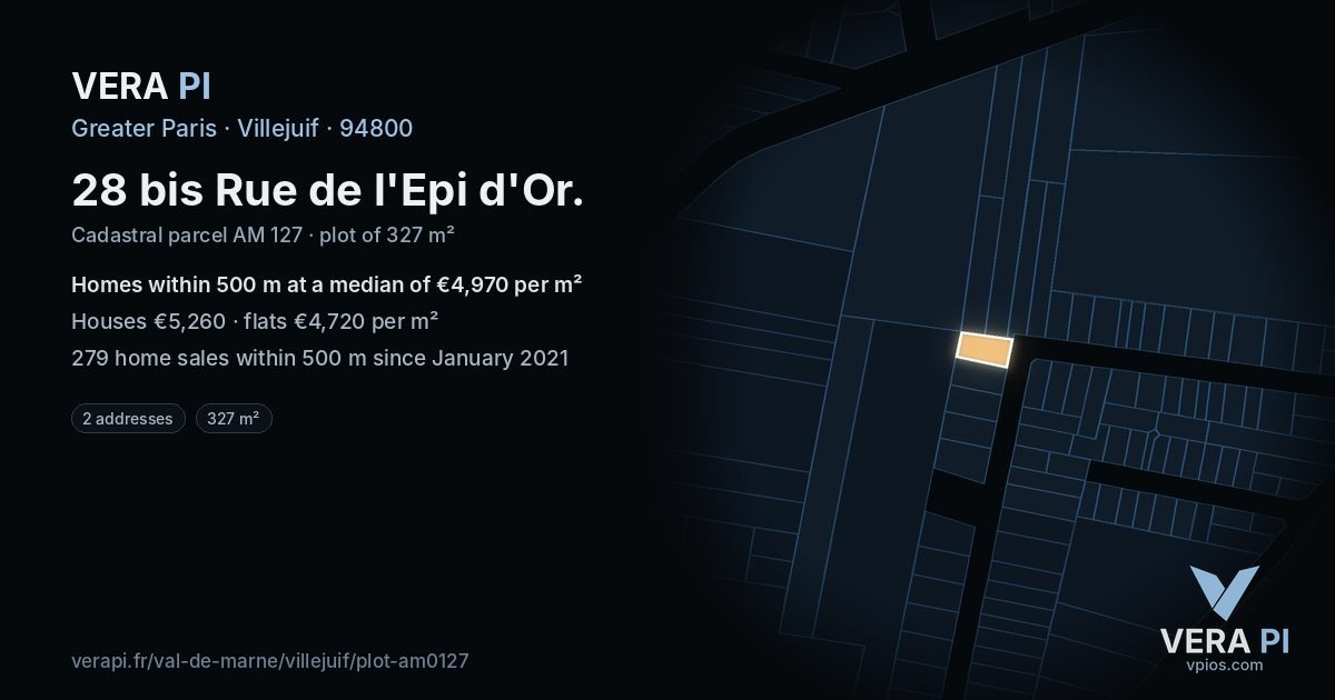 28 bis Rue de l'Epi d'Or, Villejuif at night – the plot lit, the parcels around coloured by the prices near them