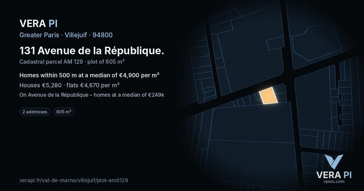 131 Avenue de la République, Villejuif at night – the plot lit, the parcels around coloured by the prices near them