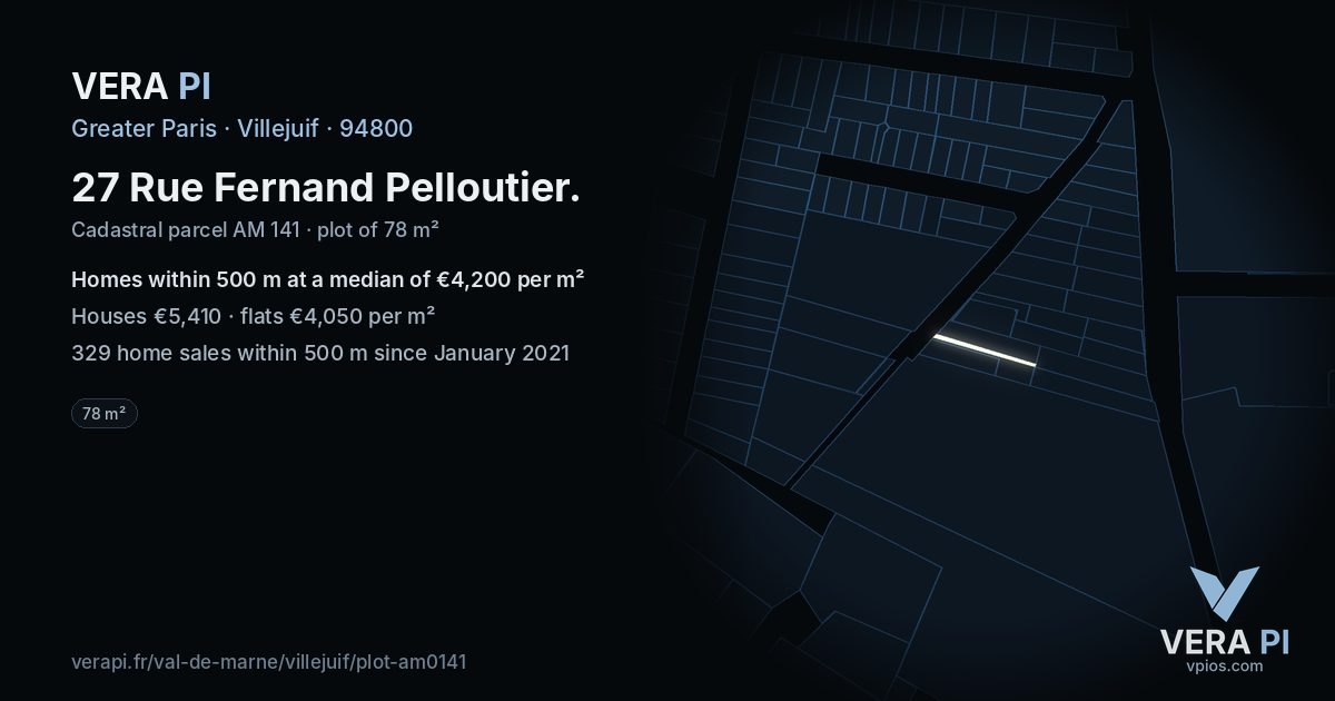 27 Rue Fernand Pelloutier, Villejuif at night – the plot lit, the parcels around coloured by the prices near them