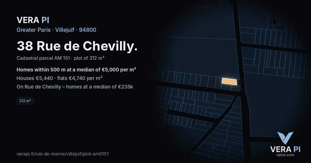 38 Rue de Chevilly, Villejuif at night – the plot lit, the parcels around coloured by the prices near them