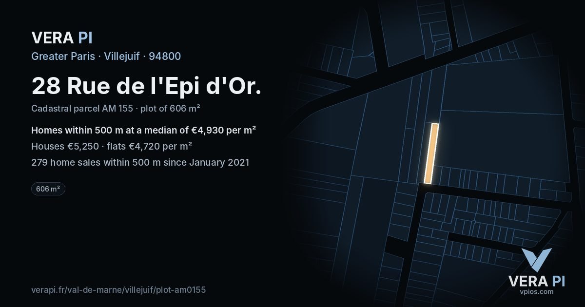 28 Rue de l'Epi d'Or, Villejuif at night – the plot lit, the parcels around coloured by the prices near them