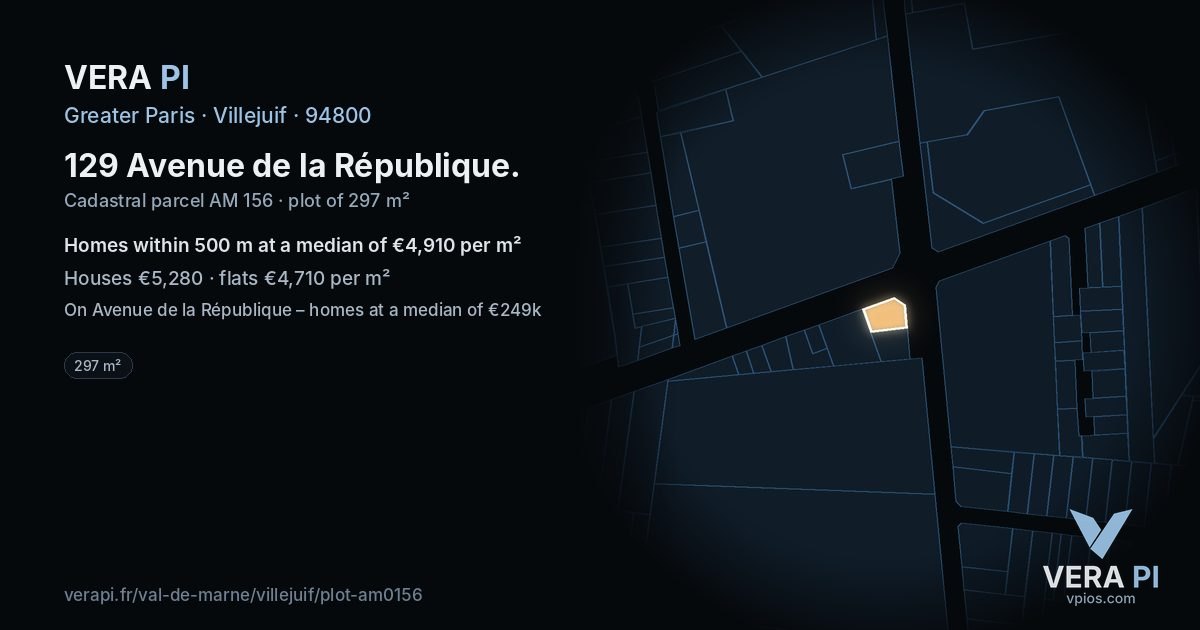129 Avenue de la République, Villejuif at night – the plot lit, the parcels around coloured by the prices near them