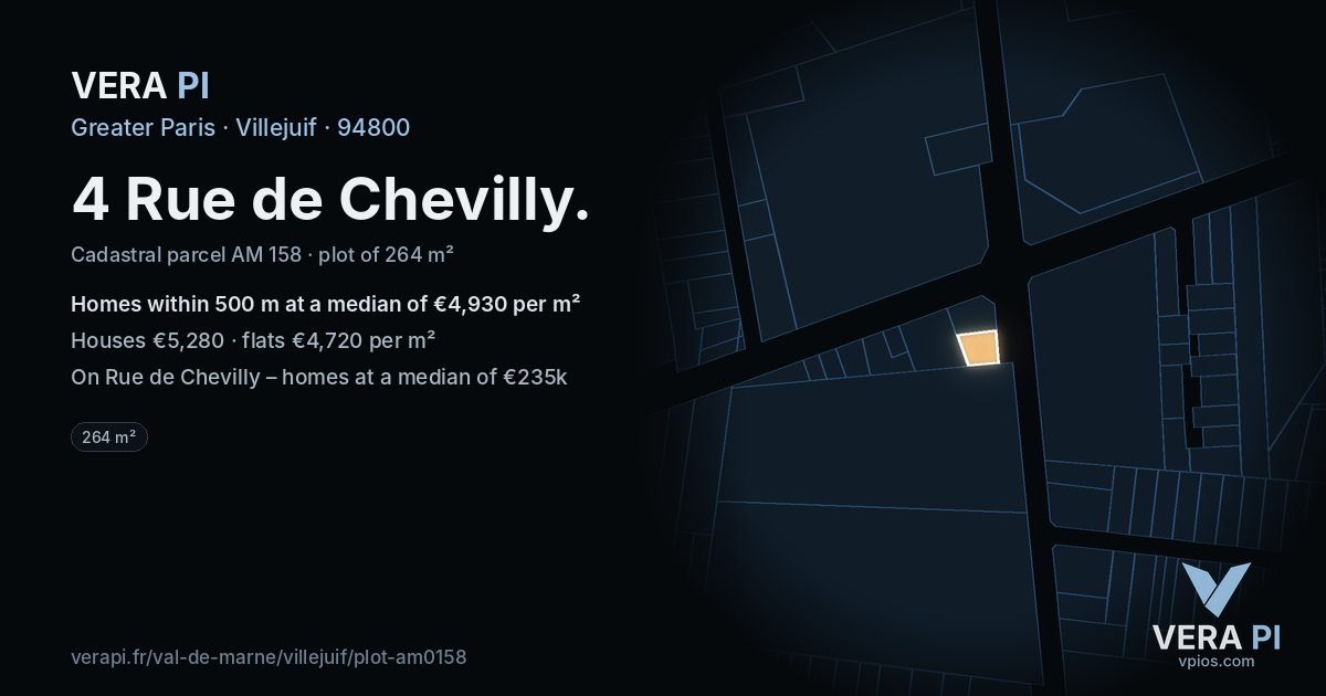 4 Rue de Chevilly, Villejuif at night – the plot lit, the parcels around coloured by the prices near them