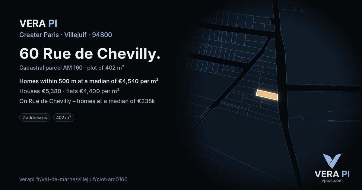 60 Rue de Chevilly, Villejuif at night – the plot lit, the parcels around coloured by the prices near them