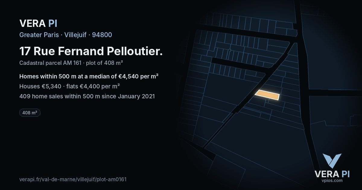17 Rue Fernand Pelloutier, Villejuif at night – the plot lit, the parcels around coloured by the prices near them