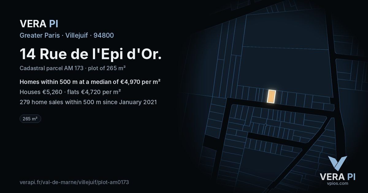 14 Rue de l'Epi d'Or, Villejuif at night – the plot lit, the parcels around coloured by the prices near them