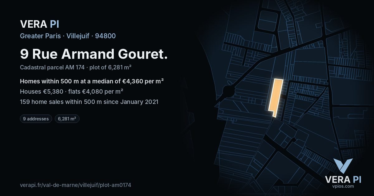 9 Rue Armand Gouret, Villejuif at night – the plot lit, the parcels around coloured by the prices near them