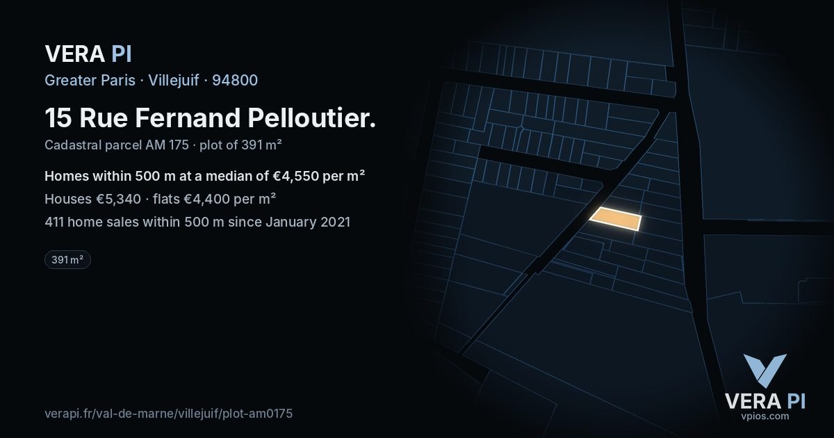 15 Rue Fernand Pelloutier, Villejuif at night – the plot lit, the parcels around coloured by the prices near them