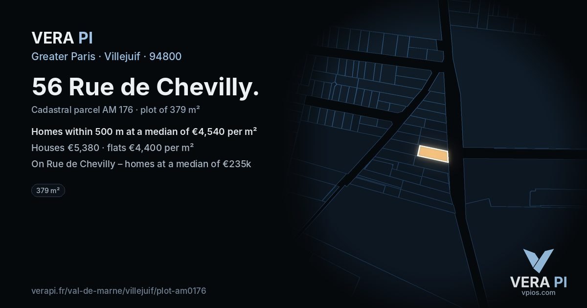 56 Rue de Chevilly, Villejuif at night – the plot lit, the parcels around coloured by the prices near them