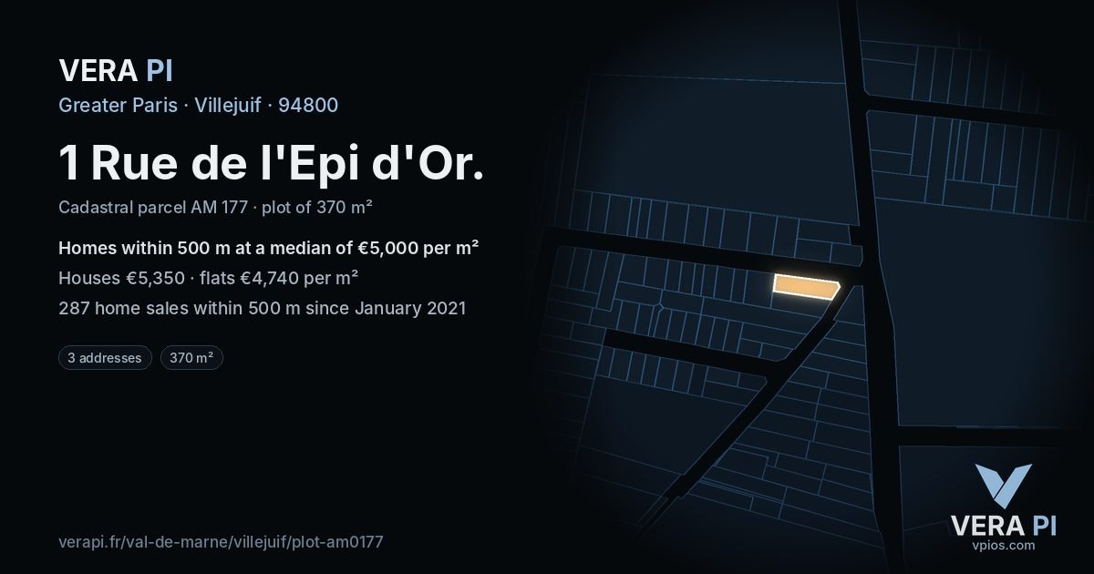 1 Rue de l'Epi d'Or, Villejuif at night – the plot lit, the parcels around coloured by the prices near them